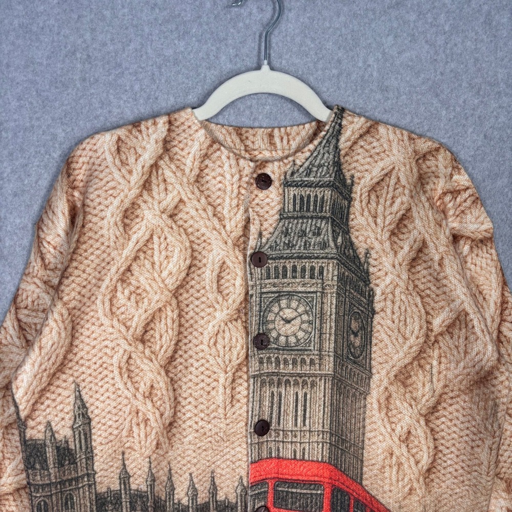 London Cardigan Sweater Large Tan Big Ben Red Bus Cable Knit Westminster Print - Picture 2 of 9